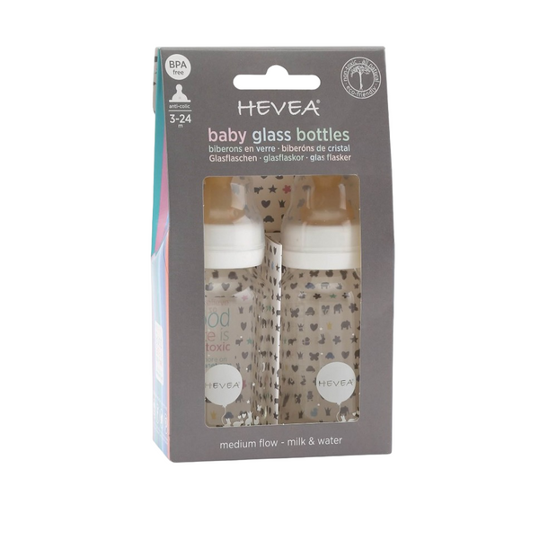 HEVEA - Babyflasche 120 ml, 2er Pack, aus Glas und Naturkautschuk