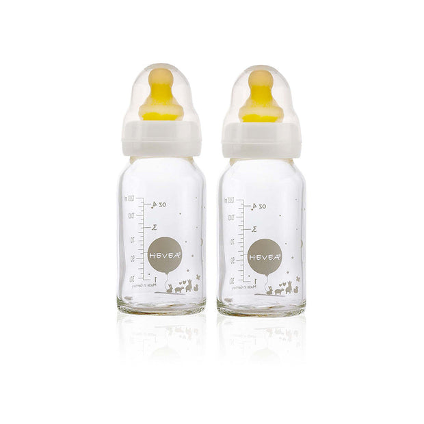 HEVEA - Babyflasche 120 ml, 2er Pack, aus Glas und Naturkautschuk